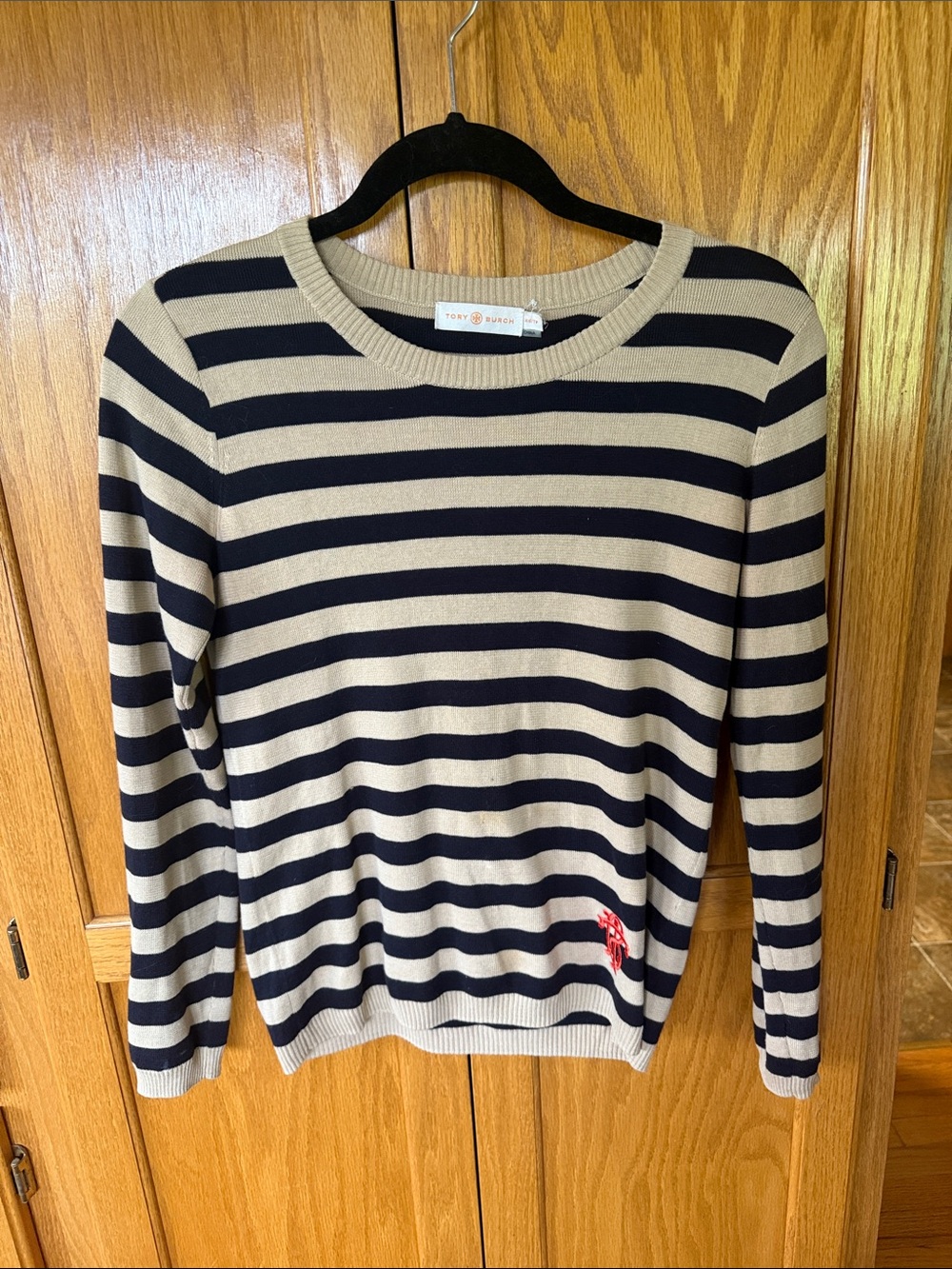 Tory Burch Navy and Beige Striped Crewneck Pullover